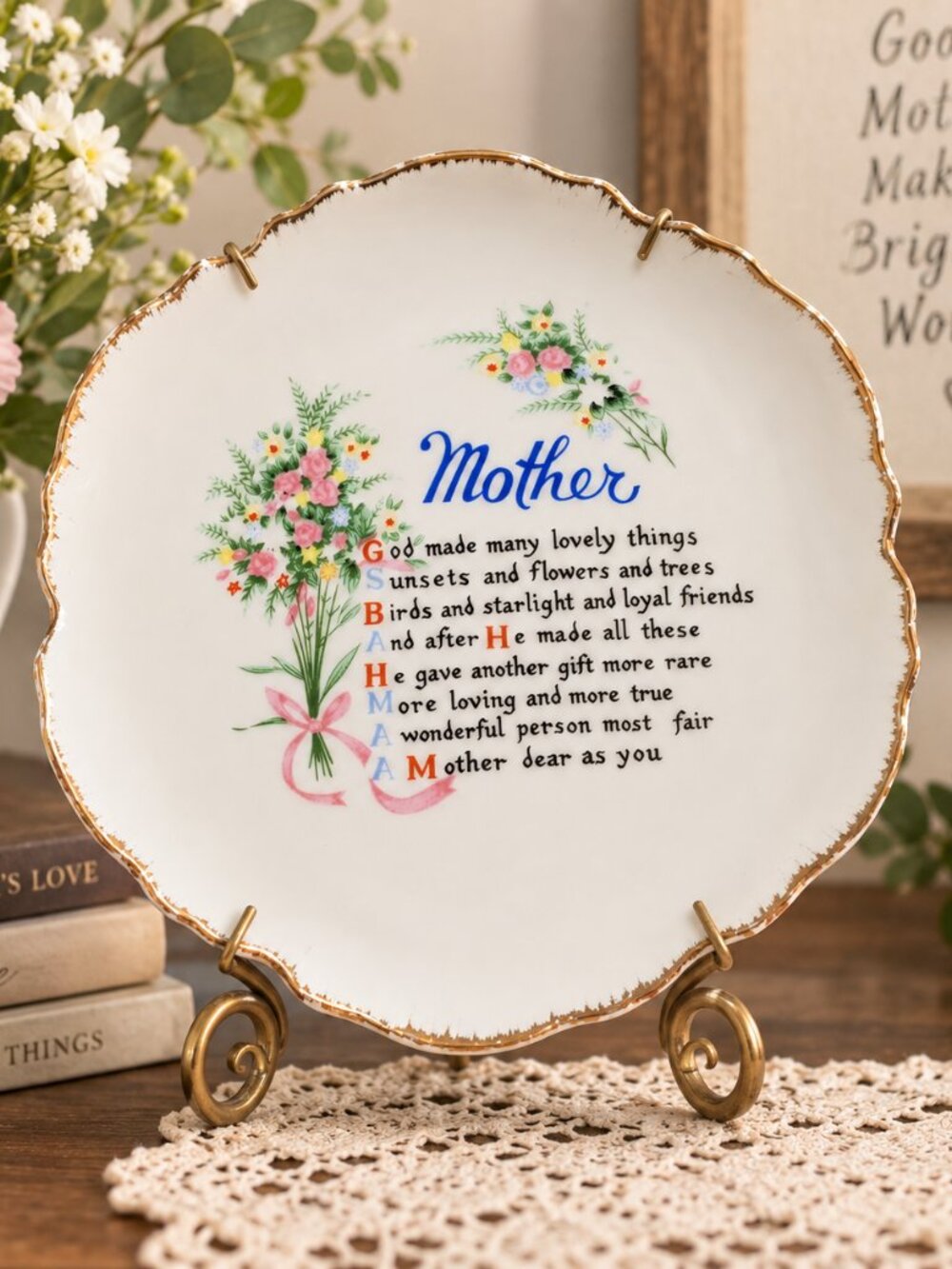 Vintage Mother Decorative Plate with Floral Bouquet & Metal Wall Hanger